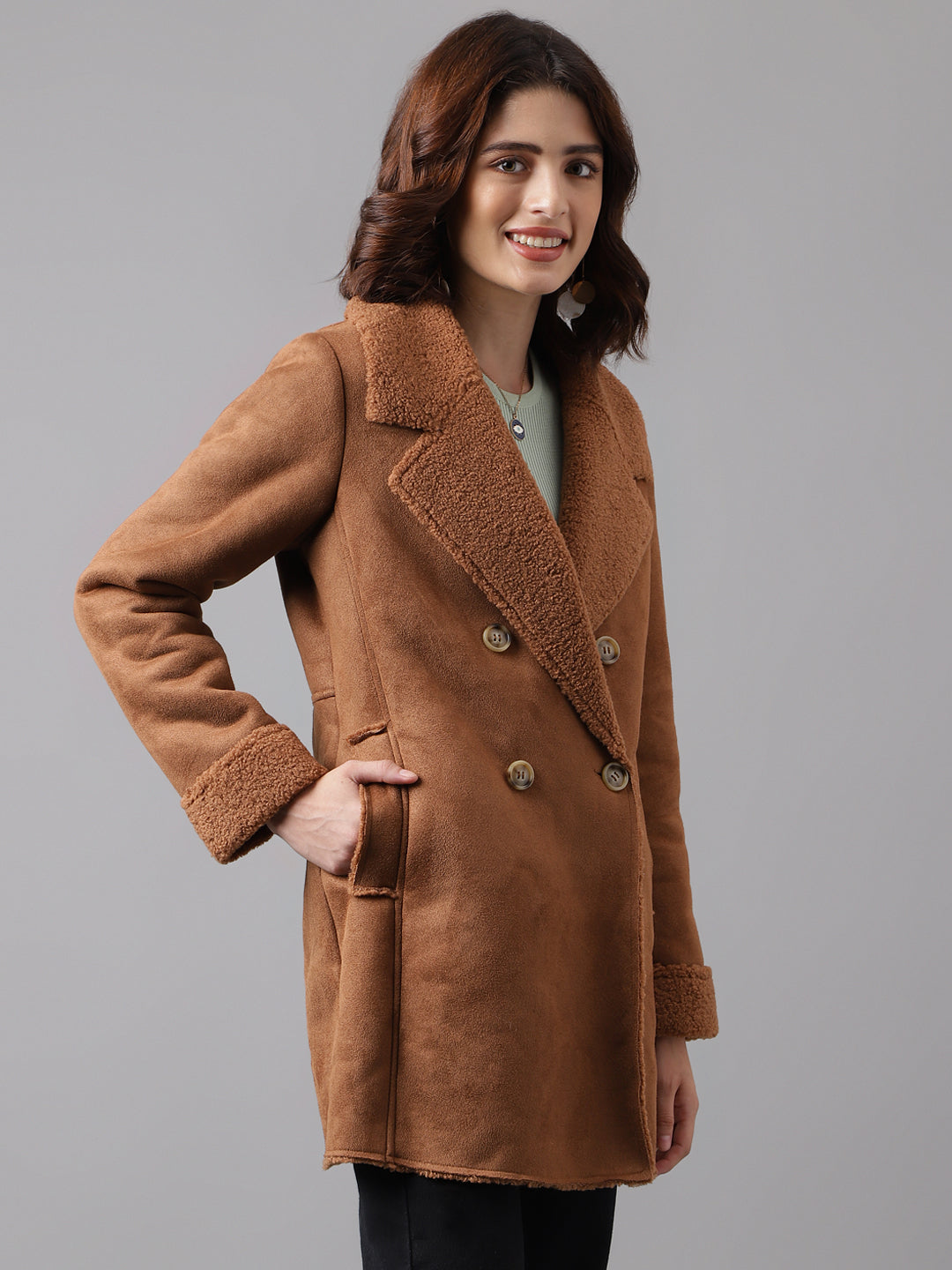 Brown Full Sleeve Classic Fit 100% Polyester Fur Jacket
