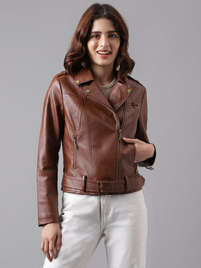 Brown Full Sleeve Classic Fit 100% Pu Jacket With Zip