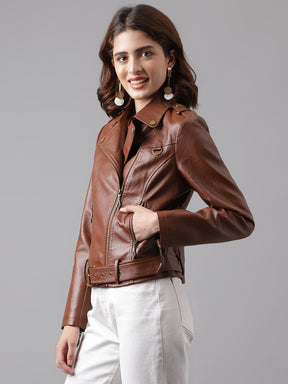 Brown Full Sleeve Classic Fit 100% Pu Jacket With Zip