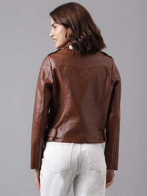Brown Full Sleeve Classic Fit 100% Pu Jacket With Zip