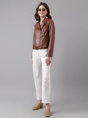 Brown Full Sleeve Classic Fit 100% Pu Jacket With Zip