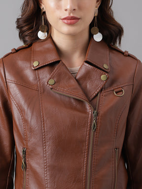 Brown Full Sleeve Classic Fit 100% Pu Jacket With Zip