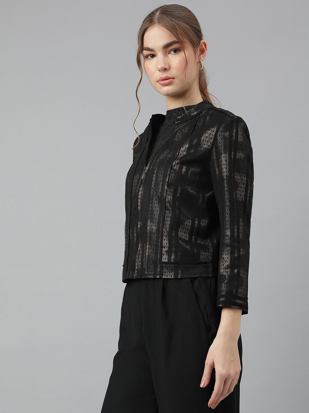 Black Mandarin Collar Long Sleeves Printed Jacket For Casual Wear