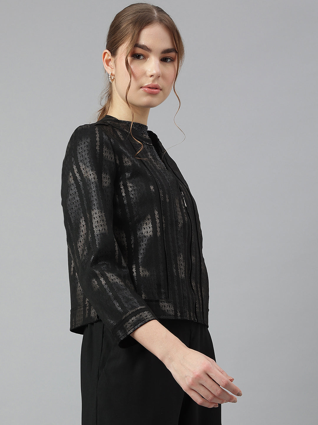 Black Mandarin Collar Long Sleeves Printed Jacket For Casual Wear