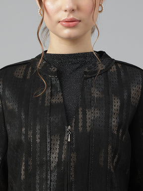 Black Mandarin Collar Long Sleeves Printed Jacket For Casual Wear