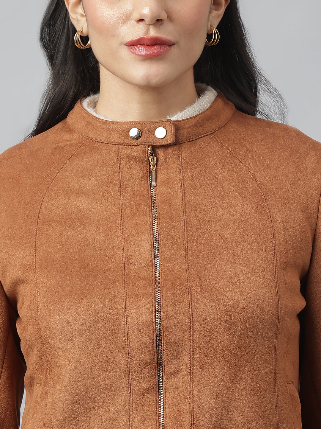 Tan Full Sleeve Mandarin Solid Jacket For Casual Wear