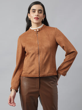 Tan Full Sleeve Mandarin Solid Jacket For Casual Wear