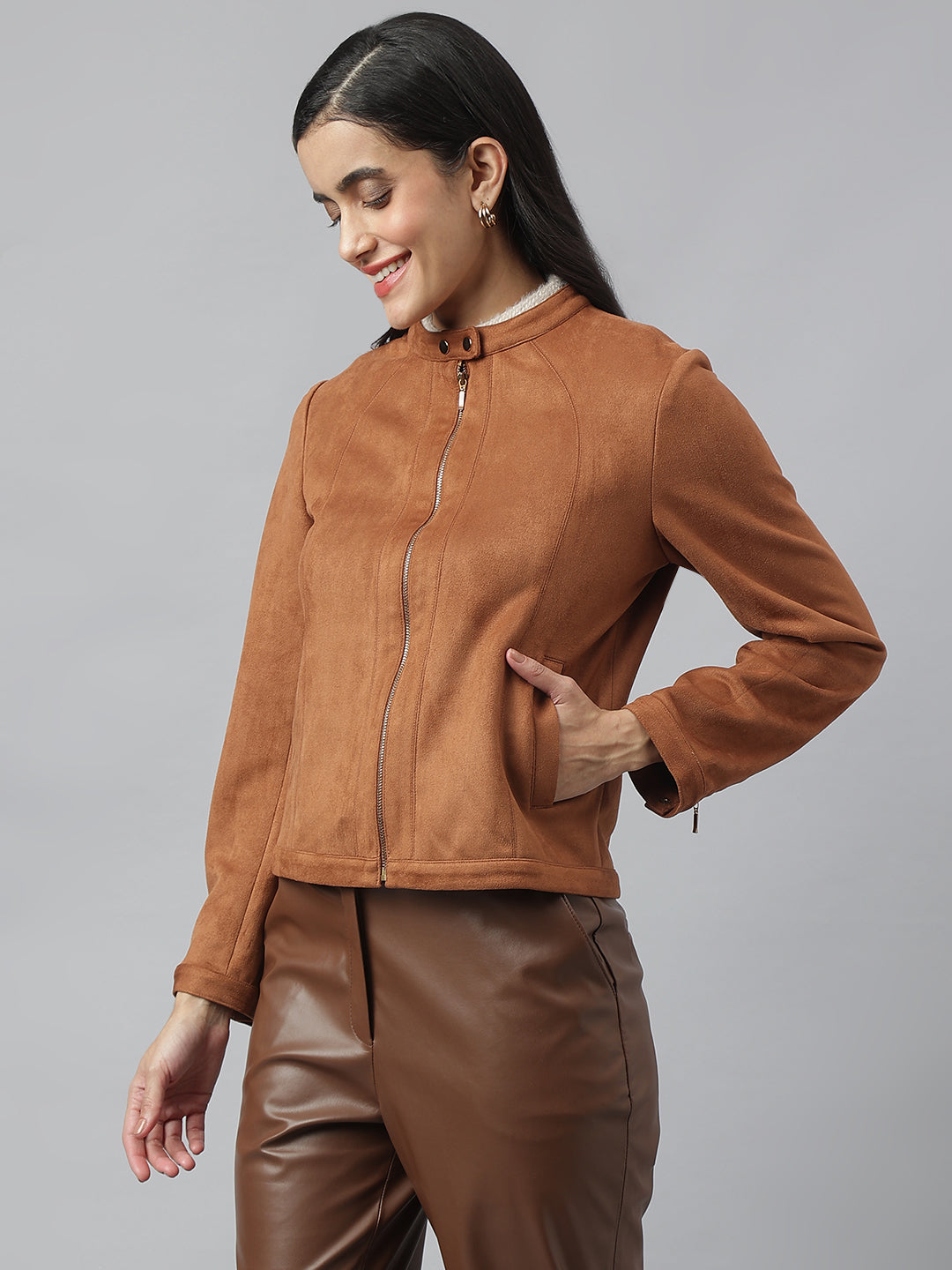 Tan Full Sleeve Mandarin Solid Jacket For Casual Wear