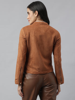 Tan Full Sleeve Mandarin Solid Jacket For Casual Wear