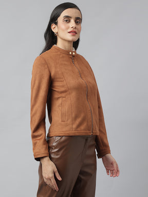 Tan Full Sleeve Mandarin Solid Jacket For Casual Wear