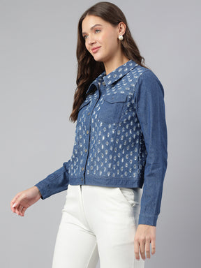 Classic Blue Full Sleeve Collar Denim Casual Jacket for Timeless Style