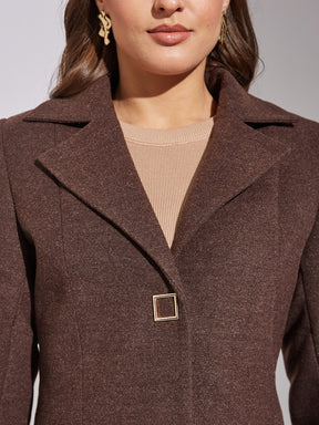 Latin Quarters Women Brown Solid Lapel Collar Full Sleeve Casual A-Line Coat