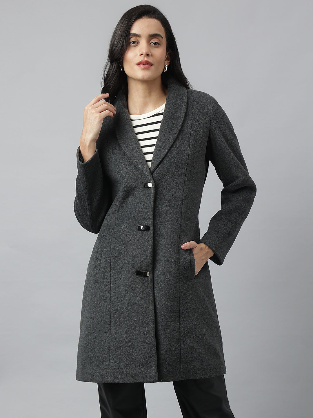 Grey Full Sleeve Collared Neck Solid Above Knee Coat For Casual Wear