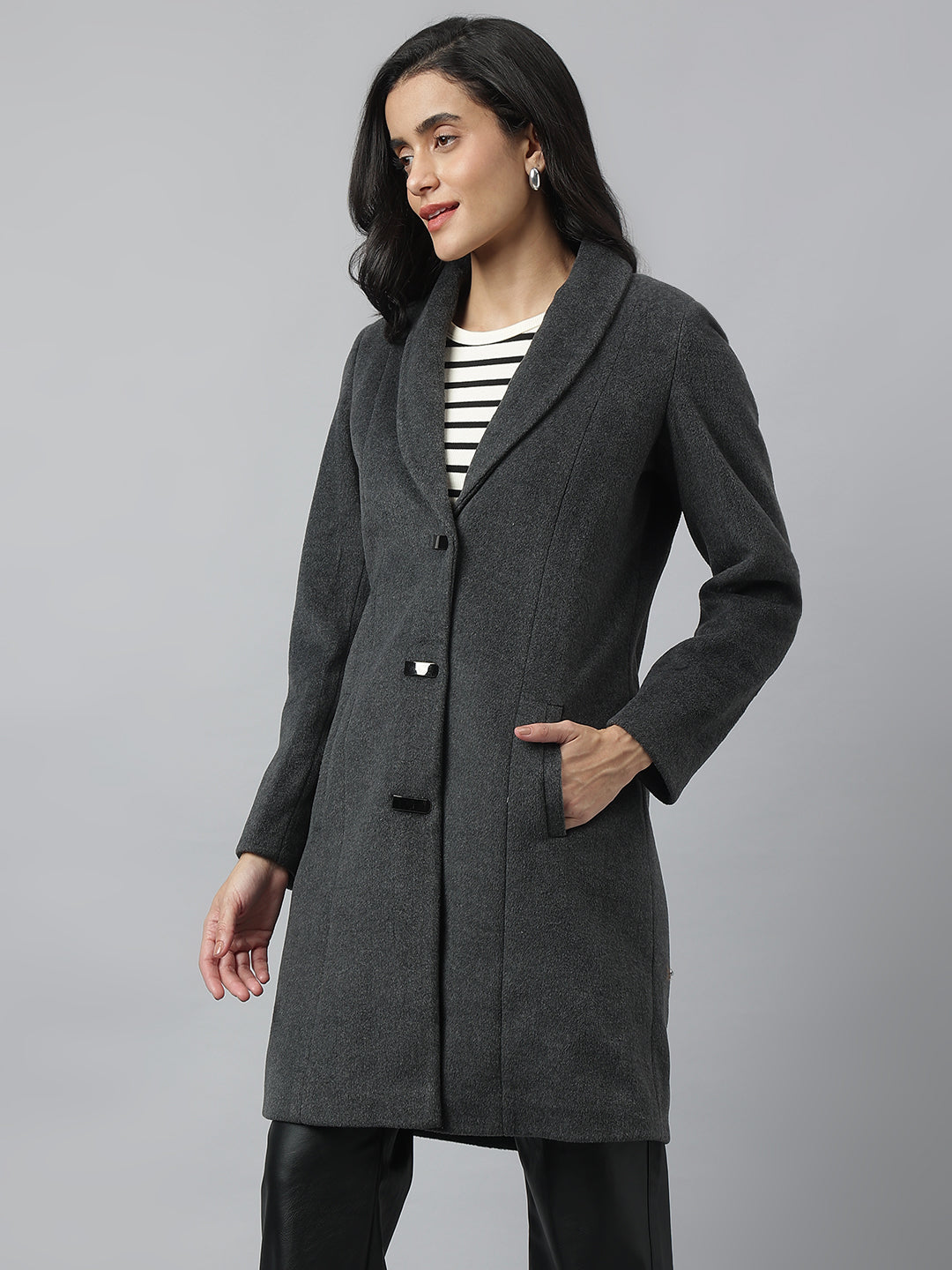 Grey Full Sleeve Collared Neck Solid Above Knee Coat For Casual Wear