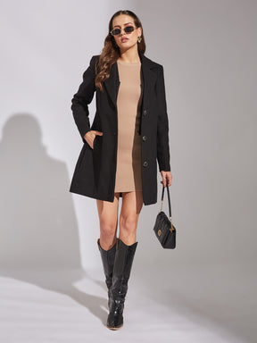 Latin Quarters Women Black Collar Neck Full Sleeve Solid Coat For Casual Wear