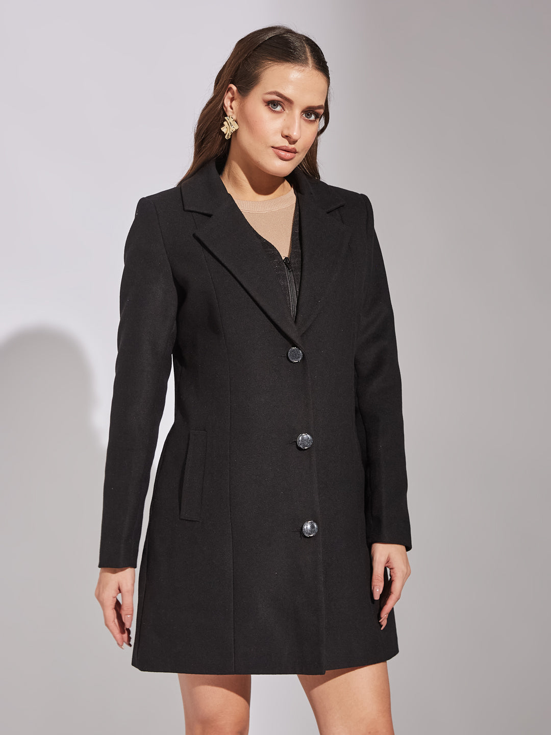 Latin Quarters Women Black Collar Neck Full Sleeve Solid Coat For Casual Wear