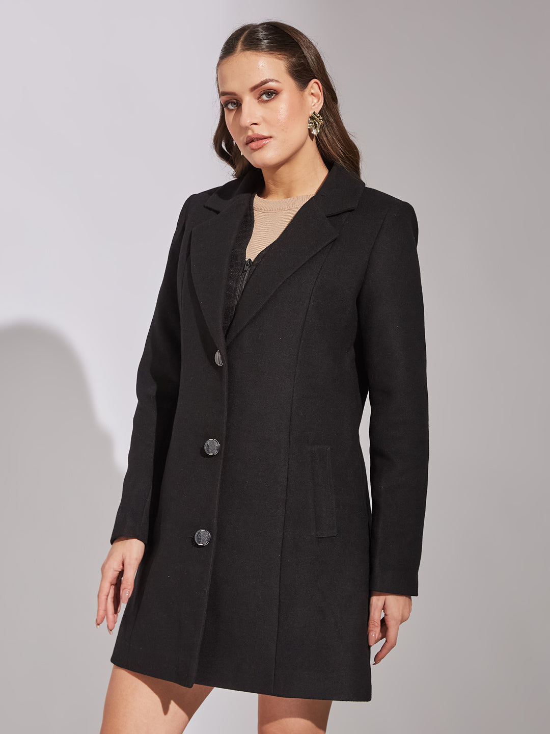 Latin Quarters Women Black Collar Neck Full Sleeve Solid Coat For Casual Wear