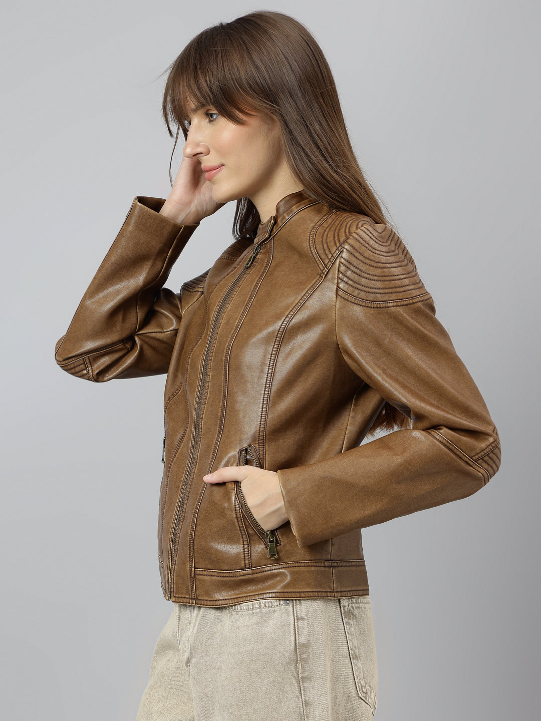 Cozy Brown Full Sleeve Round Neck Solid Casual Jacket for Effortless Warmth