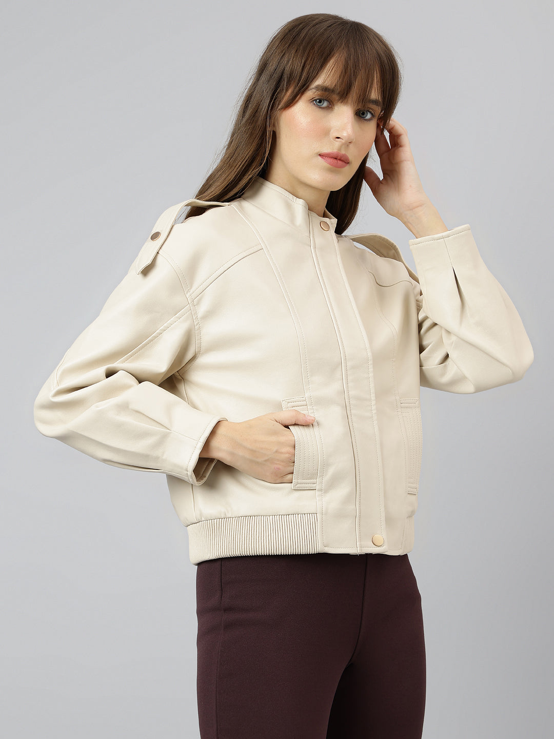Beige Full Sleeve Round Neck Solid Casual Jacket