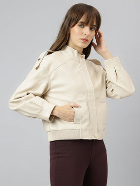 Beige Full Sleeve Round Neck Solid Casual Jacket