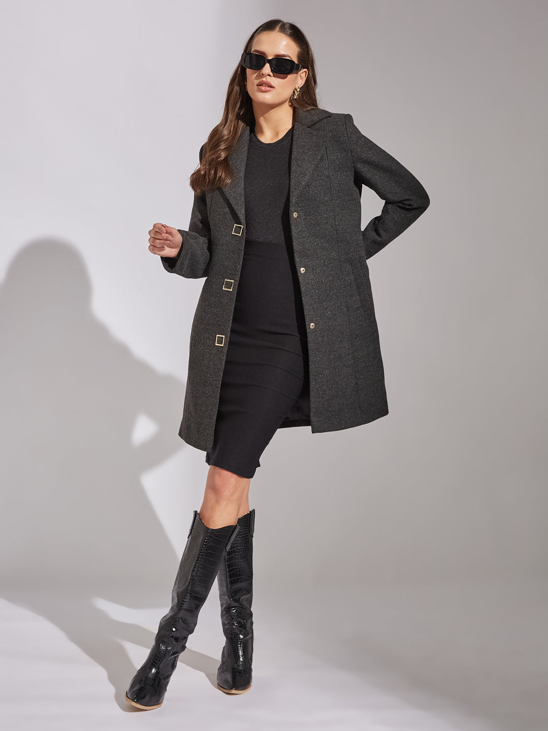 Latin Quarters Women Black Collar Neck Full Sleeve Solid Coat