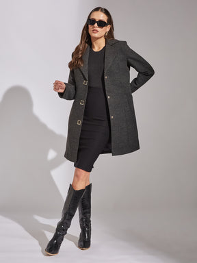 Latin Quarters Women Black Collar Neck Full Sleeve Solid Coat