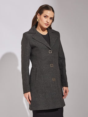 Latin Quarters Women Black Collar Neck Full Sleeve Solid Coat