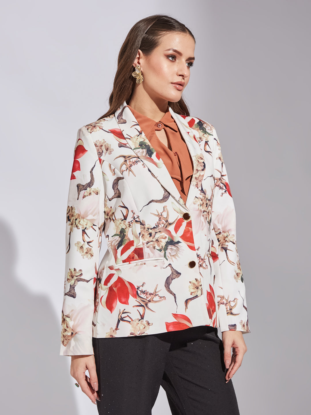 Latin Quarters Women Red Collar Neck Full Sleeve Floral Jacket