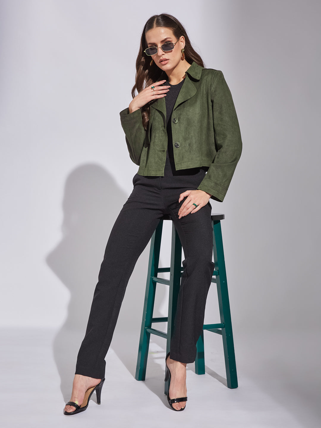 Latin Quarters Women Green Collar Neck Full Sleeve Solid Jacket for Casual Wear