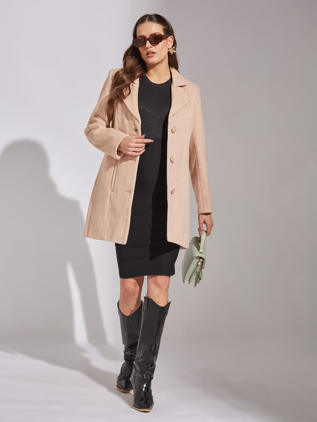 Latin Quarters Women Beige Collar Neck Full Sleeve Solid Coat