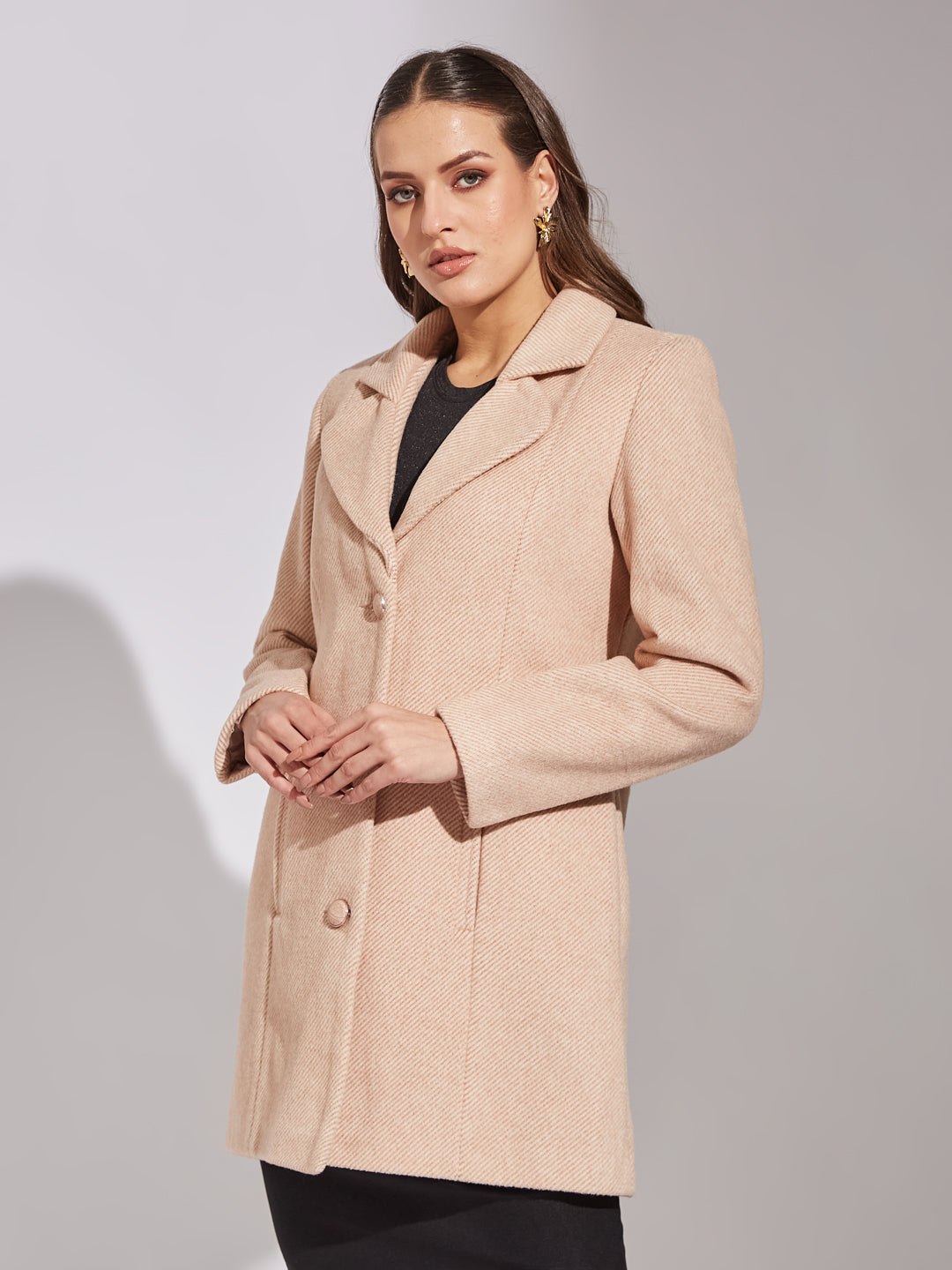 Latin Quarters Women Beige Collar Neck Full Sleeve Solid Coat