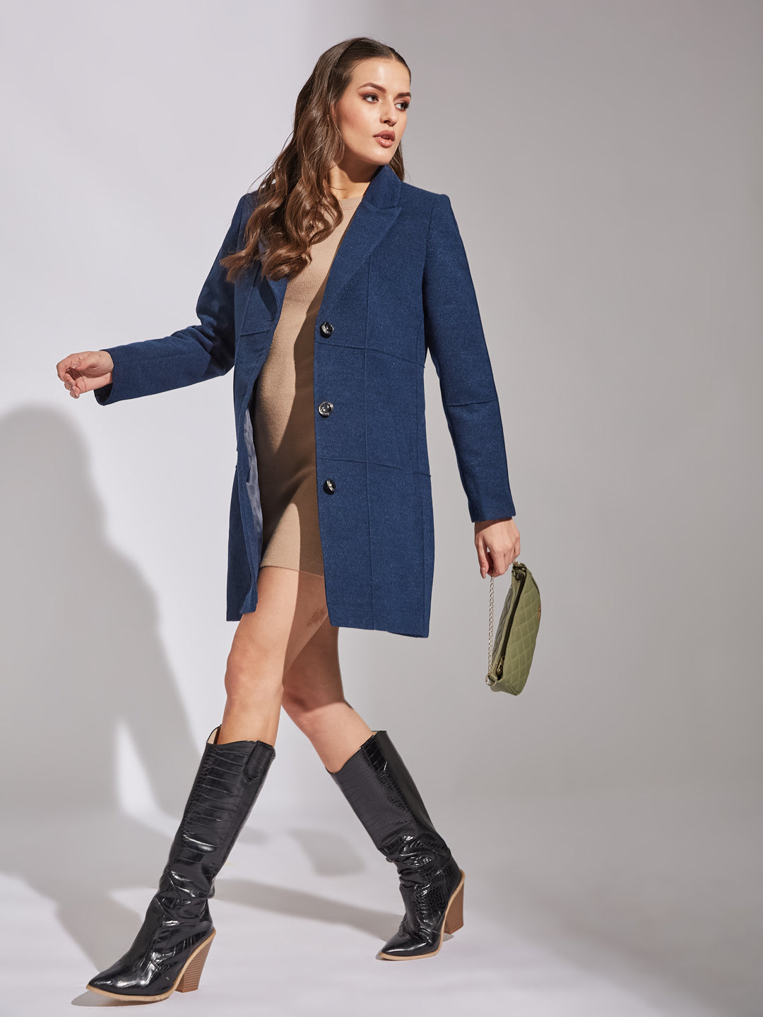Latin Quarters Women Blue Collar Neck Full Sleeve Solid Coat