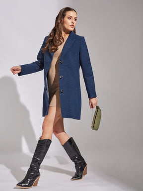 Latin Quarters Women Blue Collar Neck Full Sleeve Solid Coat