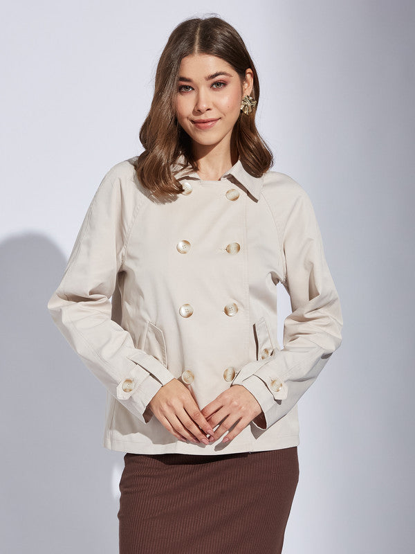 Latin Quarter Women Beige Collar Neck Full Sleeve Solid Jacket