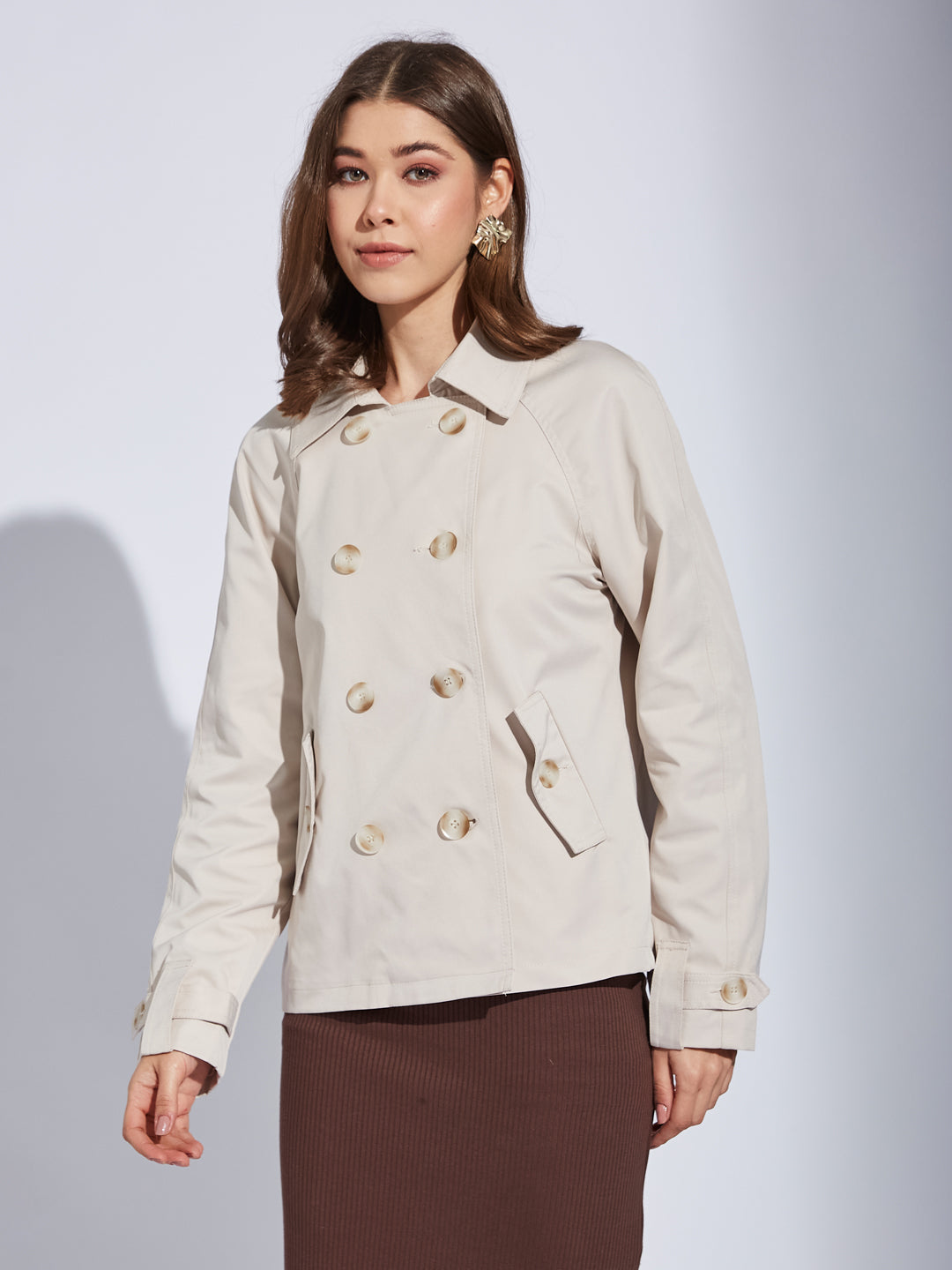 Latin Quarter Women Beige Collar Neck Full Sleeve Solid Jacket