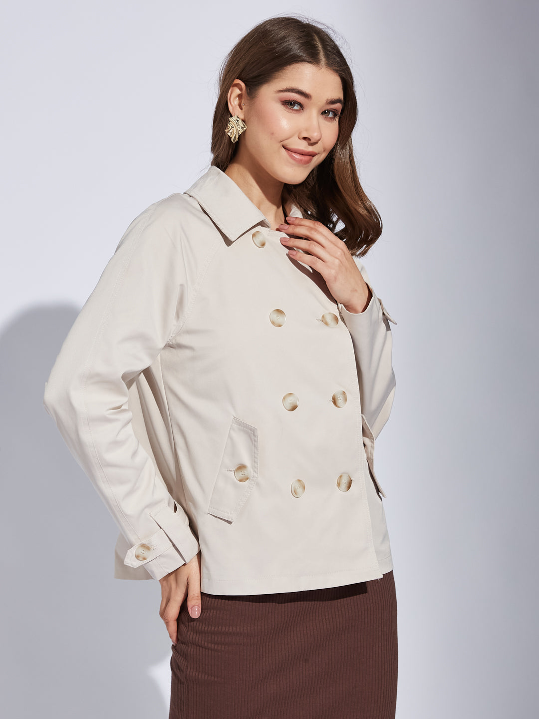 Latin Quarter Women Beige Collar Neck Full Sleeve Solid Jacket