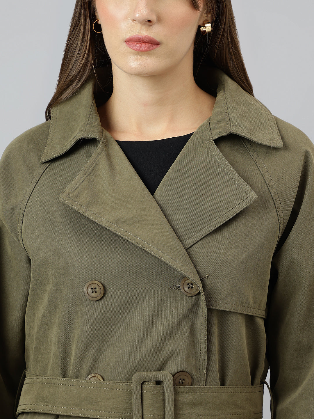 Latin Quarters Women Khaki Collar Neck Full Sleeve Solid Coat