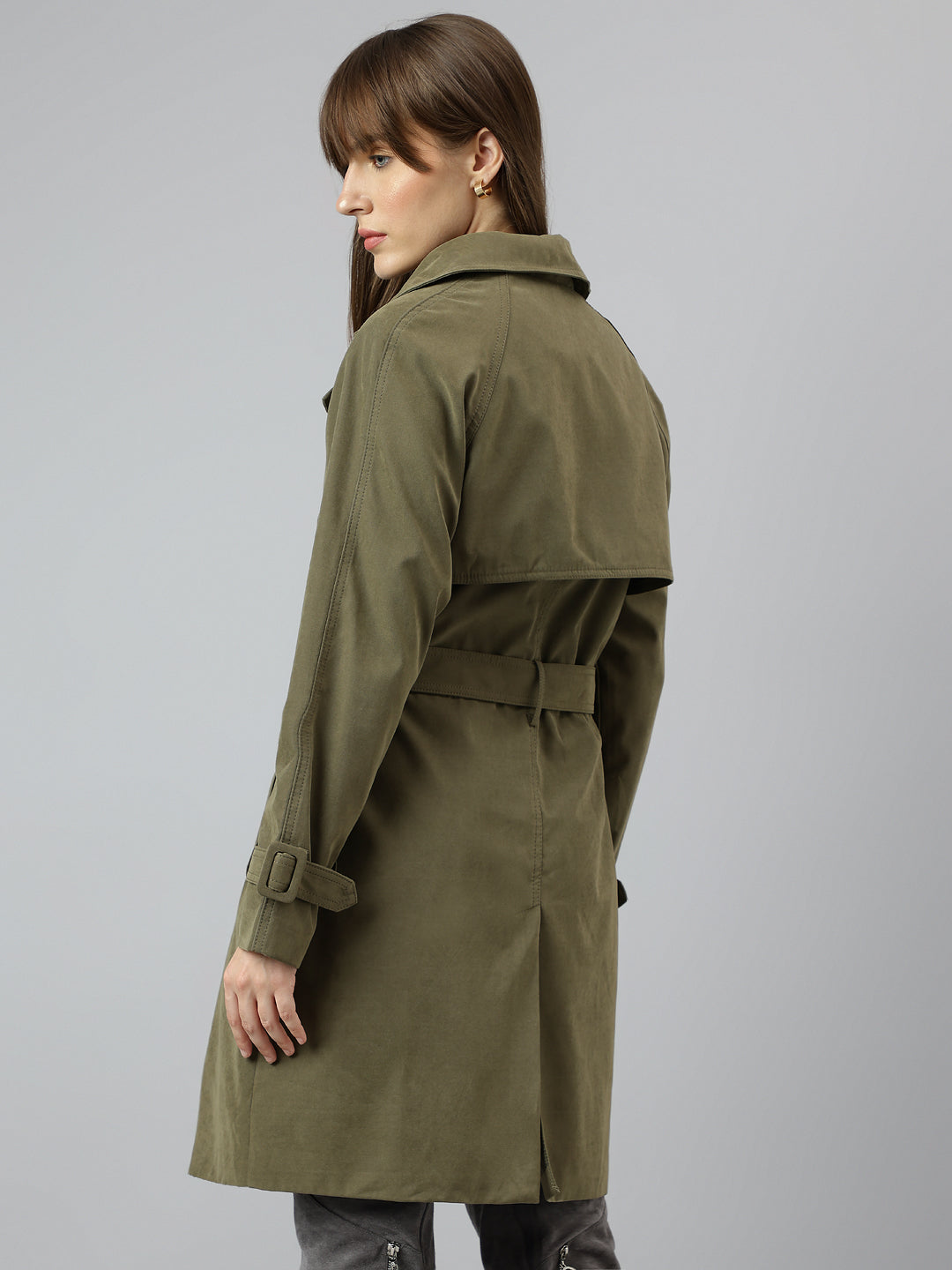 Latin Quarters Women Khaki Collar Neck Full Sleeve Solid Coat