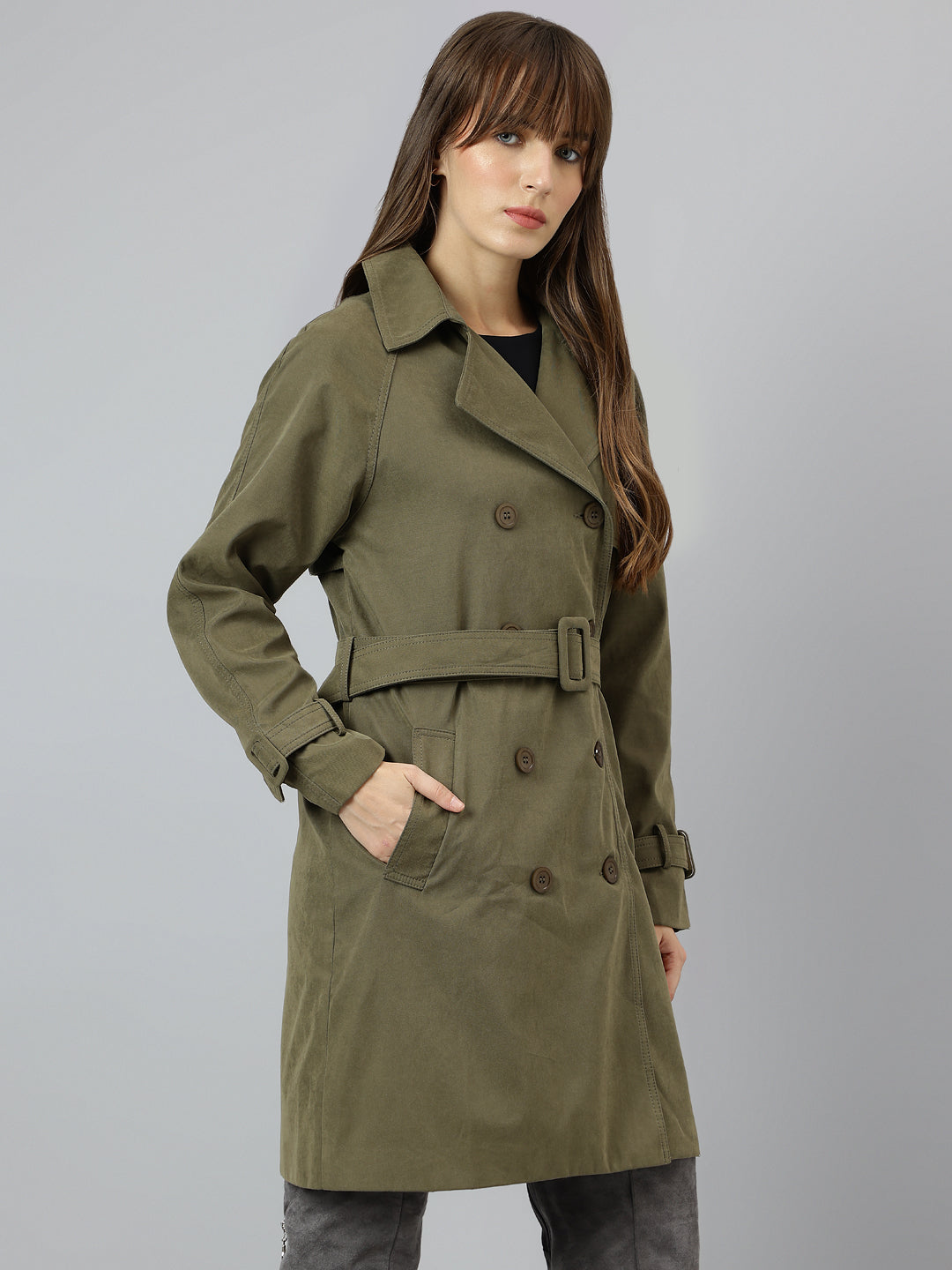 Latin Quarters Women Khaki Collar Neck Full Sleeve Solid Coat