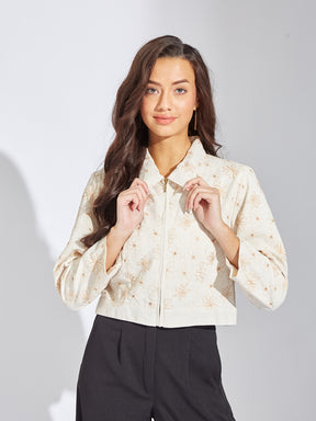 Latin Quarters Women Beige Collar Neck Full Sleeves Embroidery Jacket For Casual