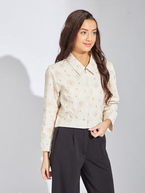 Latin Quarters Women Beige Collar Neck Full Sleeves Embroidery Jacket For Casual