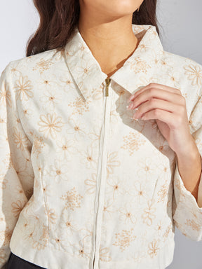 Latin Quarters Women Beige Collar Neck Full Sleeves Embroidery Jacket For Casual