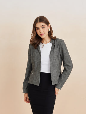 Latin Quarters Women'S Black Collar Neck Full Sleeves Solid Casual Coat