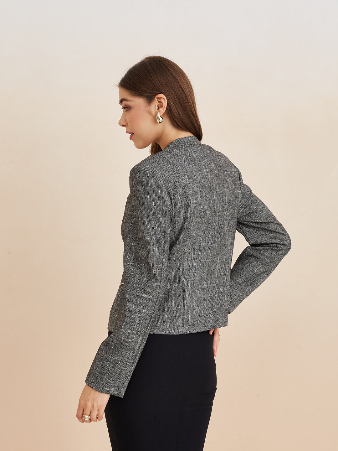 Latin Quarters Women'S Black Collar Neck Full Sleeves Solid Casual Coat