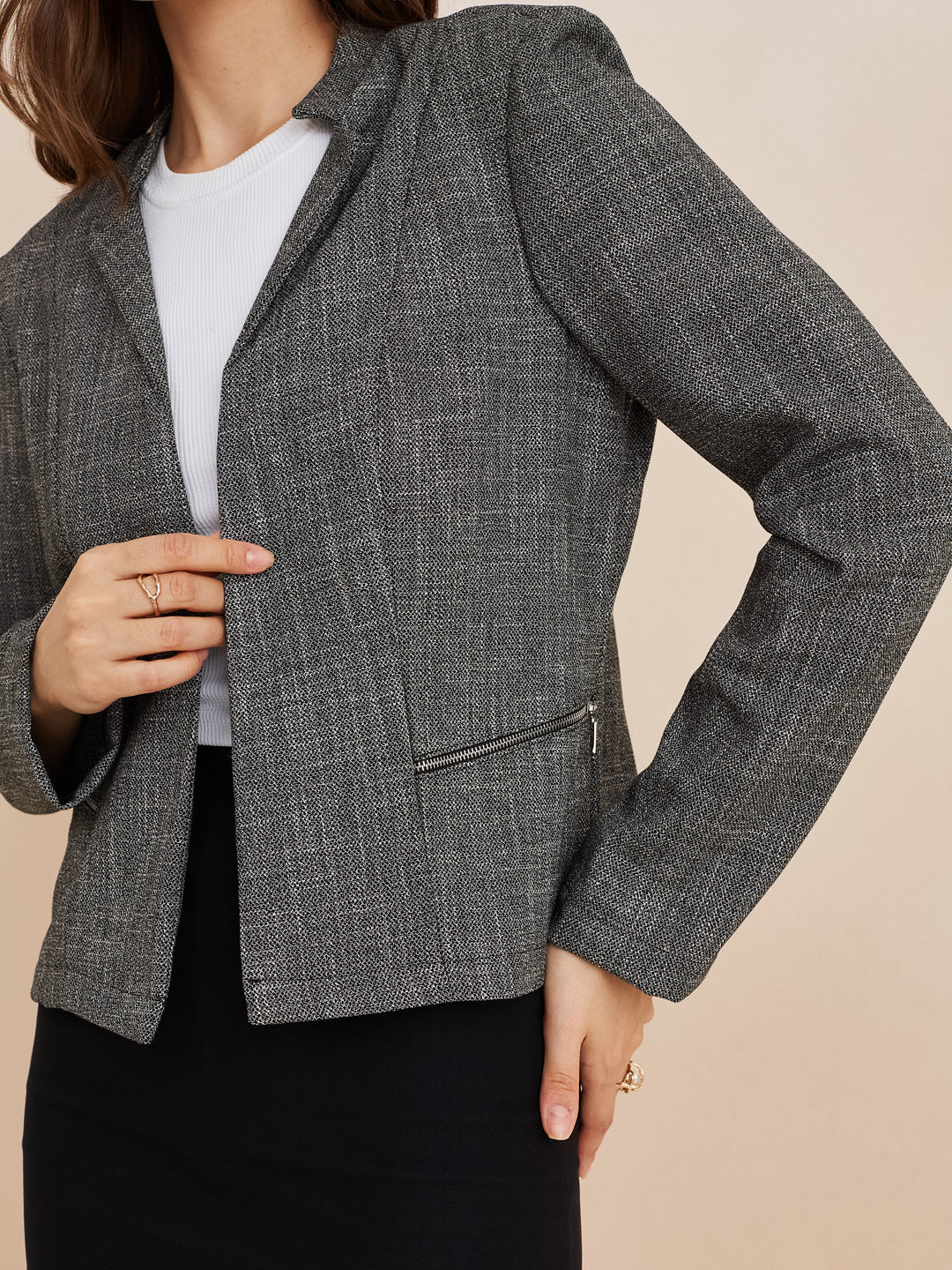 Latin Quarters Women'S Black Collar Neck Full Sleeves Solid Casual Coat