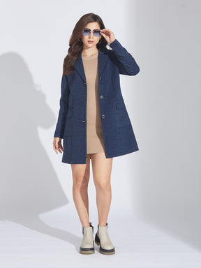 Latin Quarters Women's Blue Wool Blend Lapel Coat with Front Pockets