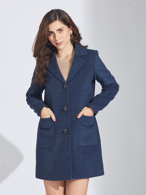 Latin Quarters Women's Blue Wool Blend Lapel Coat with Front Pockets