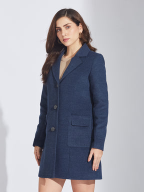 Latin Quarters Women's Blue Wool Blend Lapel Coat with Front Pockets