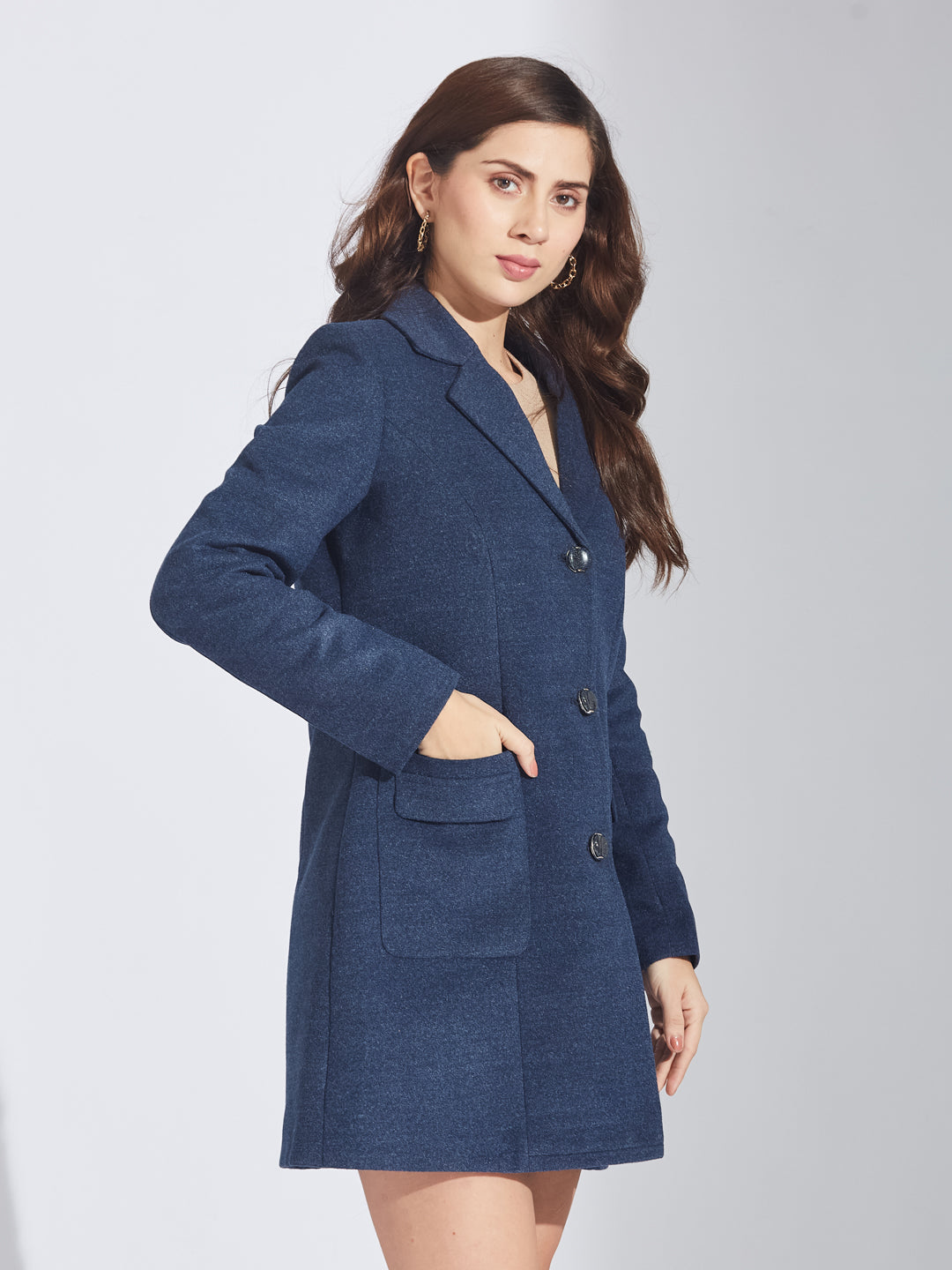 Latin Quarters Women's Blue Wool Blend Lapel Coat with Front Pockets