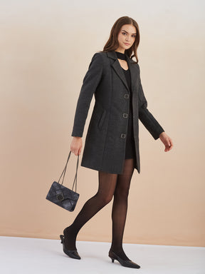 Latin Quarters Women Black Solid Full Sleeves Lapel Neck Long Coat for Casual Occasion